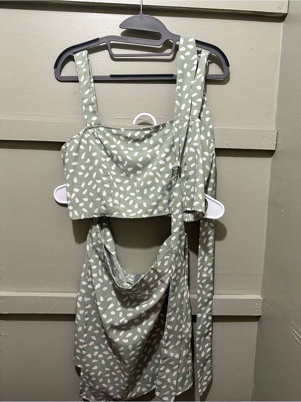 Sage Green Two-Piece Set with White Abstract Dots